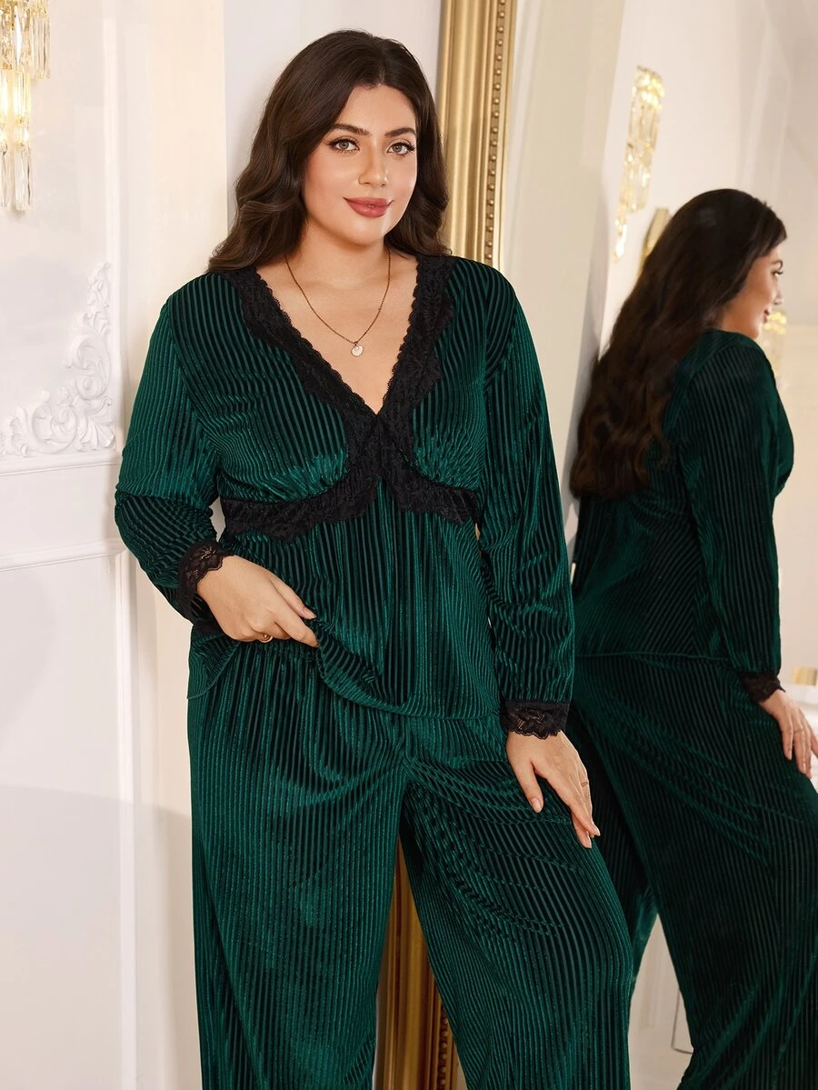 MuseNap CURVE Dark Green Vertical Ribbed Velvet 2 Pieces Pajama Set For Women, Contrast Lace V-Neck With Patchwork Cuffs And Ruffle Trim, Loose Long Sleeve Top And Long Pants, Luxury Loungewear - Dark Green - View 1