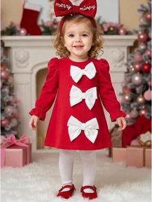SHEIN Baby Girl Knitted Small Stand Collar Petal Sleeve Color Block 3D Bow Casual Dress,Christmas, Red - Red and White - View 5