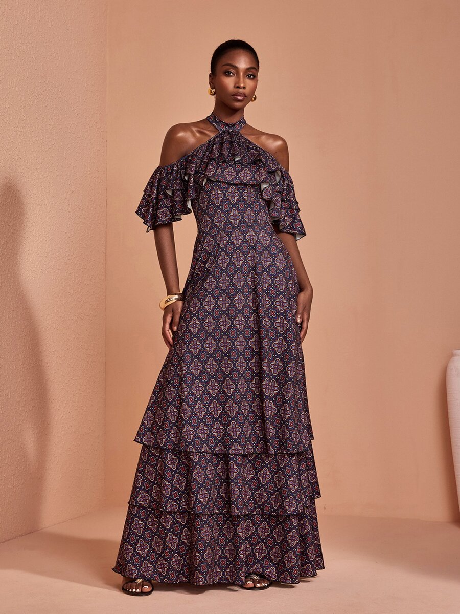 JIAN LASALA Knit Double Ruffle Layers Halter Neckline Multi Hemline Short Sleeve Long Dress Elegant - Multicolor - View 1