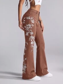 SHEIN PETITE 女款休閒水洗花卉刺繡低腰喇叭牛仔褲，適合嬌小女性 - 棕色 - 查看 6