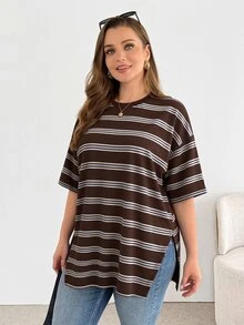 Shapeblank Plus-Size Women's Spring/Summer Fashionable Casual Loose Comfortable Everyday Basic Versatile Striped Short-Sleeved Super Loose T-Shirtsummer Outfits - Multicolor - View 4