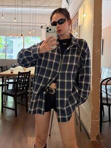 DAZY 女款格紋領韓風長袖春秋襯衫 - 藍色 - 查看 6