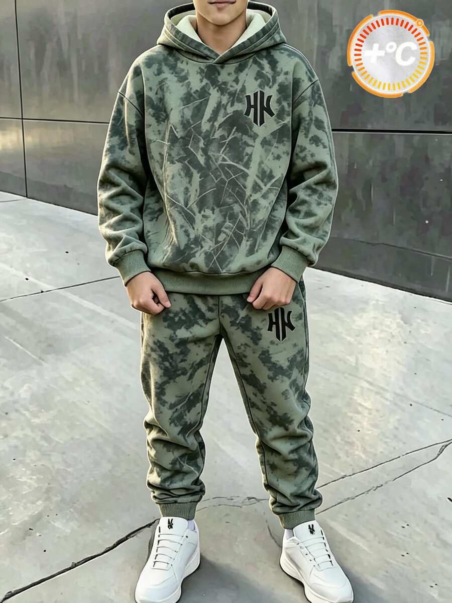 青少年男孩街頭風圖案時尚極簡落葉字母印花拼色秋冬連帽衛衣套裝 運動校園學生灰色 - 彩色 - 查看 1