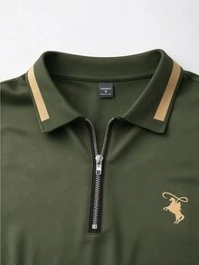 Calvornis 男士極簡條紋騎士印花半拉鍊短袖 Polo 衫，正式、儀式場合 - 軍綠色 - 查看 5