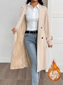 SHEIN PETITE 女款卡其色休閒開襟裝飾學院風風衣 - 杏色 - 查看 2