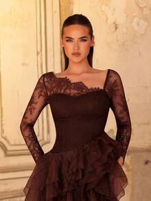 Aureia Elegant Coffee Brown Lace Patchwork Organza Asymmetrical Neckline Multi-Layer Ruffle Skirt Evening Gown - Coffee Brown - View 3