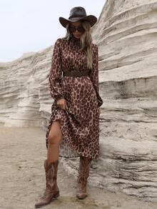 Aveloria Modichic French Elegant Boho Ruched Front Design Fashion Leopard Print Long Sleeve Dress With Belt Vacation Outfits Woman Cheetah Print Fall Cloth Dark Brown - Red - View 7
