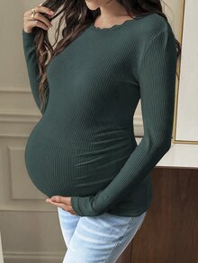SHEIN 孕婦純色休閒百搭日常穿著長袖T恤秋季 - 墨綠色 - 查看 4