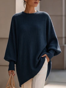 Velvienne Plus Size Ribbed Crew Neck Lantern Long Sleeve Loose Tunic Top, Curvy Casual Solid Color Plus Size Tee For Women Loose Fit, Long Sleeve Top Plus Size, - Blue - View 7