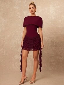 Lumalex Winter Fall Exquisite Lace Patchwork Fitted Waist Bodycon Mini Dress With Shawl Going Out Vacation Outfits Cruise Outfit For Women - Burgundy - View 7
