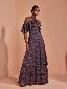 JIAN LASALA Knit Double Ruffle Layers Halter Neckline Multi Hemline Short Sleeve Long Dress Elegant - Multicolor - View 5