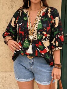 Linhara Fashion Casual Vacation Vintage Elegant Commute 3/4 Sleeve Blue Printed Blouse Fall - Multicolor - View 4