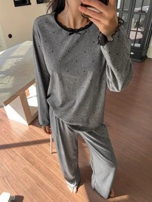 DAZY Women's Bow Decor Polka Dot Print Long Sleeve Top And Pants Pajama Set - Grey - View 3