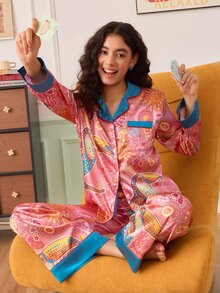 Chillnights Leopard & Parrot Colorblock Satin Women's Pajama Set - Multicolor - View 4
