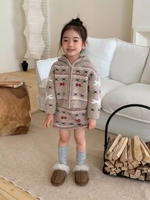 Dazy Kids Infant (Girl) Hooded Mesh Christmas Korean Style Long Sleeve Autumn/Winter Sweater Set - Coffee Brown - View 1