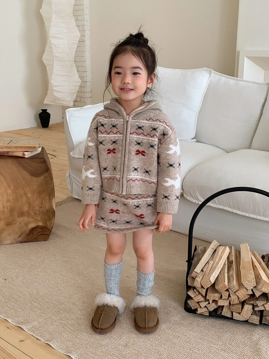 Dazy Kids Infant (Girl) Hooded Mesh Christmas Korean Style Long Sleeve Autumn/Winter Sweater Set - Coffee Brown - View 1