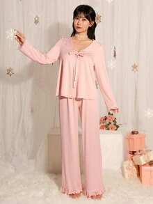 DelicateAllure طقم بيجامة نسائي بقمة بأكمام طويلة مزينة بفيونكة وبنطال - وردي - مشاهدة 5