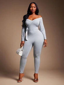 SHEIN SXY Plus Size Women Solid Color Off-Shoulder Long Sleeve Fitted Jumpsuit - Grey - View 8