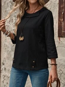 EMERY ROSE Áo sơ mi nữ tay dài vải linen màu trơn đơn giản phong cách thường ngày, áo kiểu tay dài - màu đen - Xem 5
