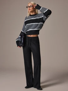 SHEIN كارديجان بياقة شال بتصميم ألوان متباينة وملمس ناعم فاخر - الأسود - مشاهدة 5