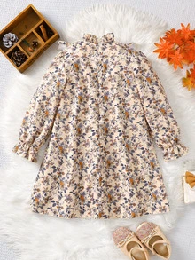 SHEIN 女童對比色蝴蝶結碎花長袖公主洋裝，厚實柔軟舒適，秋冬新款 - 棕色 - 查看 2