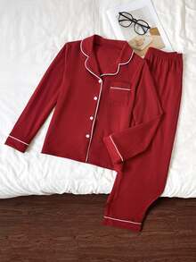 SHEIN Tween Girls Tween Girl Red Knit Pajamas Loungewear 2-Piece Set, Party Holiday Versatile Daily Wear, Soft Comfortable Autumn/Winter New Style - Red - View 4