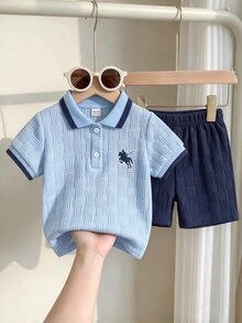Souflis Souflis 男嬰海軍藍馬匹印花夏季提花 Polo 領短袖短褲兩件套 - 淺藍色 - 查看 1