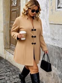 Elenzga Plus Size Women's Autumn/Winter Solid Color Khaki Contrast Color Button Design Fashion Minimalist Notched Collar Fitted Waist With Pockets Wool Blend Jacket, Suitable For Commuting, Shopping And Other Daily Occasions - Khaki - View 4