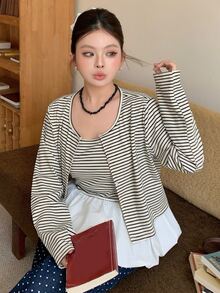 Dazy Plus Korean Style Casual Striped Camisole & Cardigan 2 Pieces Set - Apricot - View 6