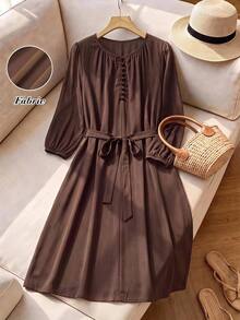 Rusticease Plus Size Minimalist Button Long Sleeve Versatile Dress - Brown - View 8