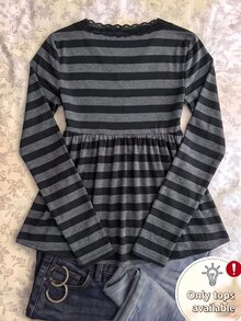 SHEIN 青少年女孩秋季 2 合 1 藍白配色蕾絲飾邊 T 恤，休閒日常百搭 - 彩色 - 查看 2