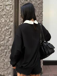 FRIFUL Sweatshirt Wanita Lengan Panjang Serbaguna dengan Dekorasi Logam dan Resleting - Hitam - View 5