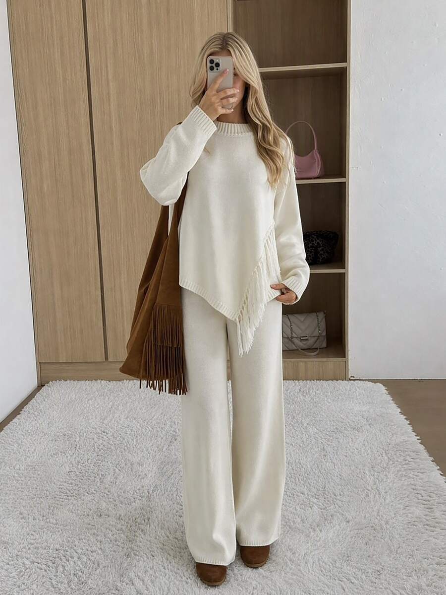 SHEIN Women Round Neck Long Sleeve Fringe Hem Detailed Sweater And Sweater Pant 2pcs Set Co-Ords - White - View 1