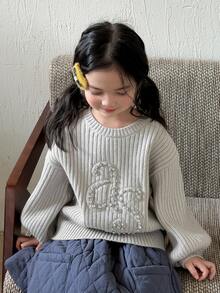 Dazy Kids Young Girl Rhinestone Decor Round Neck Drop Shoulder Long Sleeve Sweater - Grey - View 1