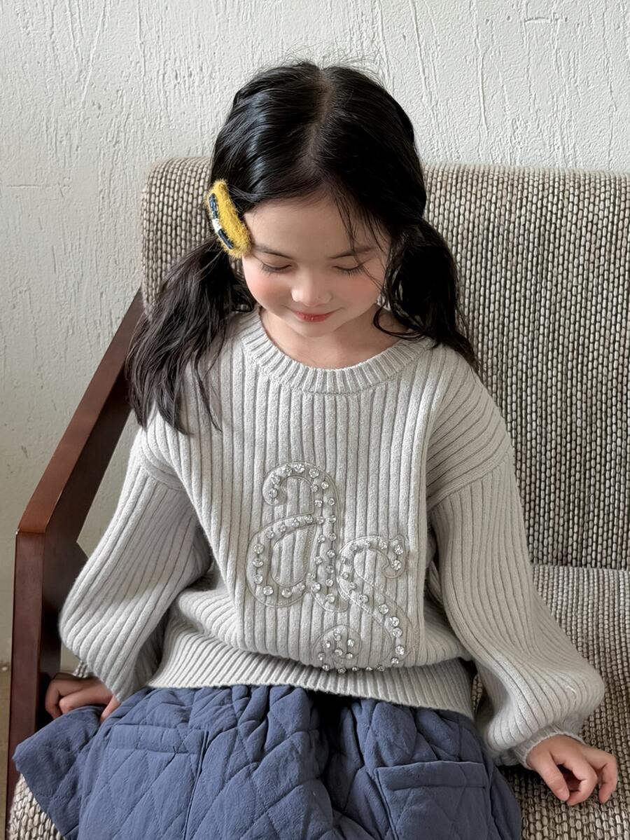 Dazy Kids Young Girl Rhinestone Decor Round Neck Drop Shoulder Long Sleeve Sweater - Grey - View 1