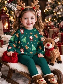 Baby Girl Vintage Christmas Tree Print Crew Neck Sweatshirt And Elastic Waist Long Pants Set, Christmas Eve Atmosphere - Multicolor - View 5
