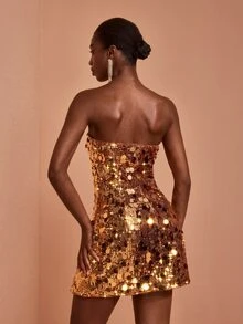 JIAN LASALA Golden Sequin Tube Top Sleeveless Elegant Short Dress Vacation Party Holiday - Gold - View 2