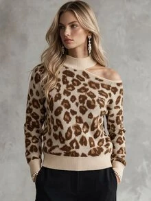 SHEIN Vintage Leopard Print Halter Neck Cold Shoulder Knit Sweater, Loose Slouchy Semi-High Neck Pullover - Multicolor - View 6