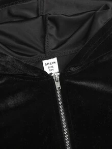 SHEIN 兒童青少年女孩秋冬天鵝絨連帽外套，背面星形水鑽裝飾，袋鼠口袋，拉鍊運動衫搭配修身喇叭長褲休閒時尚兩件套，黑色 - 黑色 - 查看 7