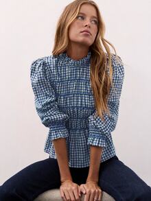Nöista Plaid, Pleated Long-Sleeved Shirt ,Ruffle, Retro,Pastoral , Youthful,Comfortable Breathable, Essential Wardrobe Staple. Fall Winter, Elegant, - Blue - View 1