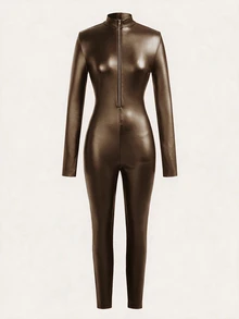 SHEIN EZwear 女款黑色彈性PU皮革前拉鍊連身褲 - 棕色 - 查看 1