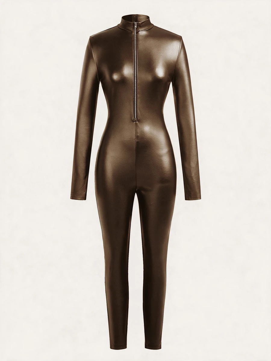 SHEIN EZwear 女款黑色彈性PU皮革前拉鍊連身褲 - 棕色 - 查看 1