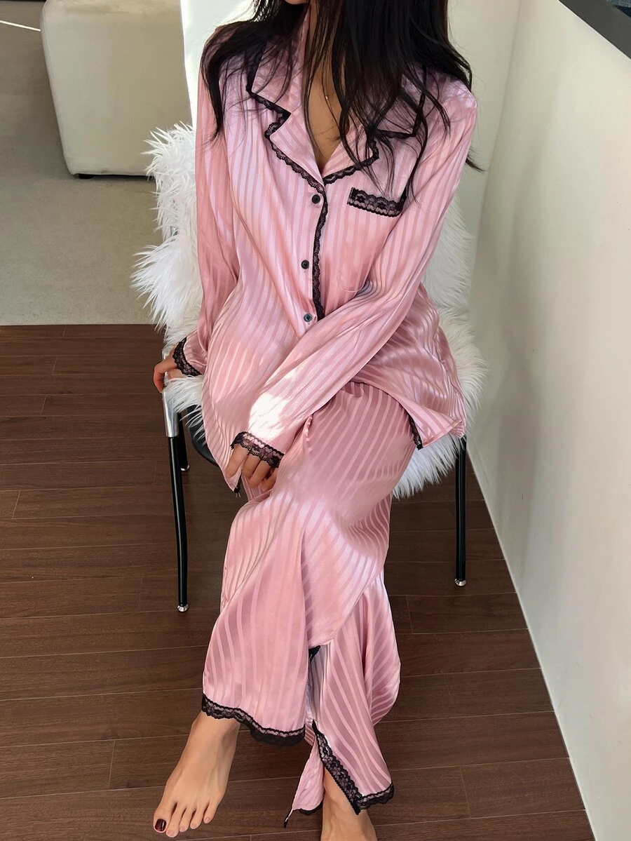 DAZY Women's Lace Patchwork Button-Up Top And Long Pants Pajama Set - Pink - View 1