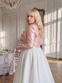 Lyrianda Áo khoác Napoleon ngắn màu hồng bóng size lớn, phong cách thường ngày thời trang cho mùa thu/đông - Hồng - Xem 2