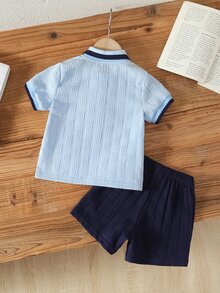 Souflis Souflis 男嬰海軍藍馬匹印花夏季提花 Polo 領短袖短褲兩件套 - 淺藍色 - 查看 2