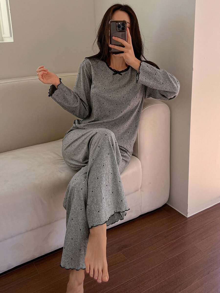 DAZY Women's Bow Decor Polka Dot Print Long Sleeve Top And Pants Pajama Set - Grey - View 1