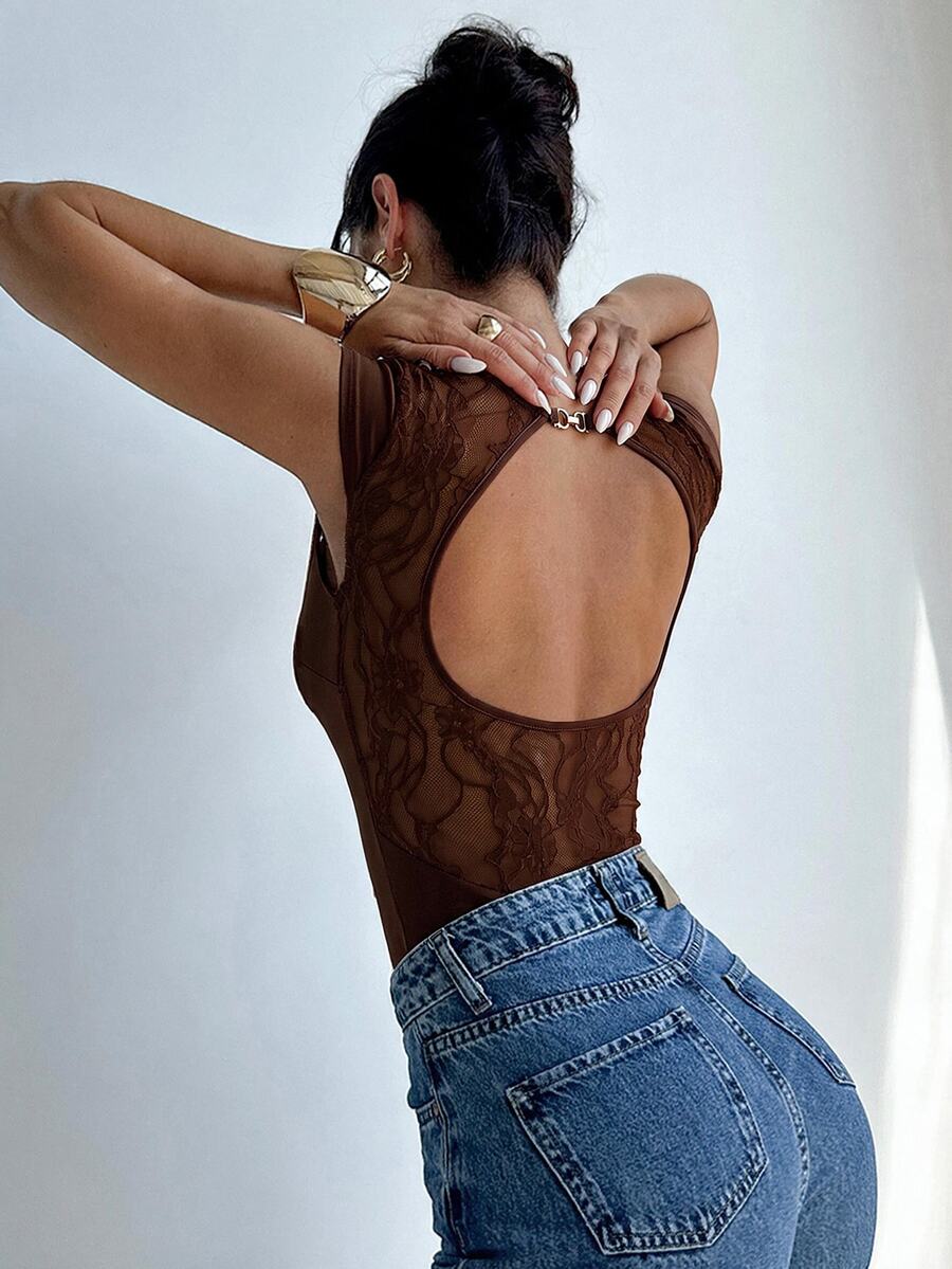 Firerie Brown Floral Backless Short-Sleeved Shirt Bodysuit Casual Sexy Vacation Going Out Night Out Club - Brown - View 1