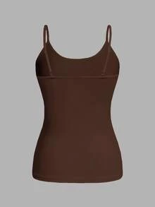 SHEIN EZwear 女款黑色與棕色2件組修身休閒極簡純色細肩帶背心上衣，聚酯纖維材質，適合夏季 - 彩色 - 查看 7