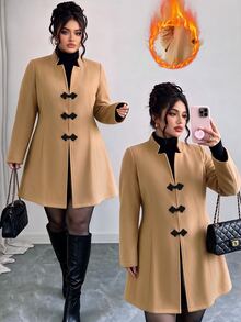 Elenzga Plus Size Women's Autumn/Winter Solid Color Khaki Contrast Color Button Design Fashion Minimalist Notched Collar Fitted Waist With Pockets Wool Blend Jacket, Suitable For Commuting, Shopping And Other Daily Occasions - Khaki - View 1
