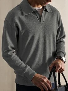 Manfinity Homme 男士休閒純色長袖 Polo 衫，春夏秋冬百搭 - 灰色 - 查看 2